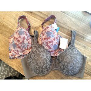 NWT Jessica Simpson 2 Pk - Lt Pink Floral/Gray Solid Soft T-shirt Cup Bras 38C